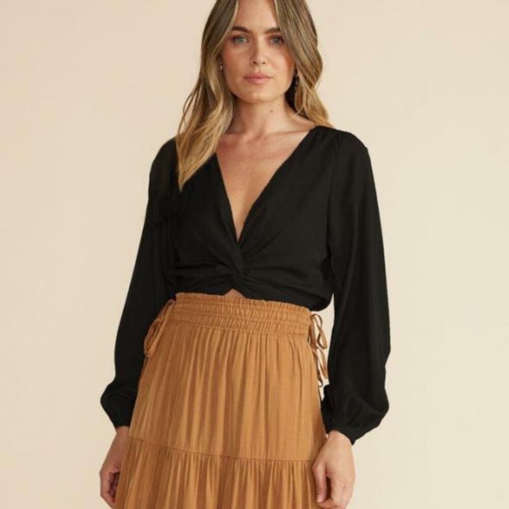 MinkPink Large Harper Twist Top Womens Blouse Black V-Neck Longsleeve Silky